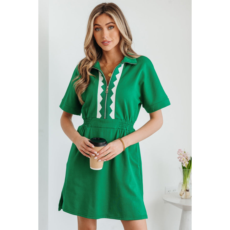 Bright Green Contrast Patchwork Half Zip Elastic Waist Short Sleeve Mini Dress Bright Green / S / 65% Polyester + 35% Cotton Dresses/Mini