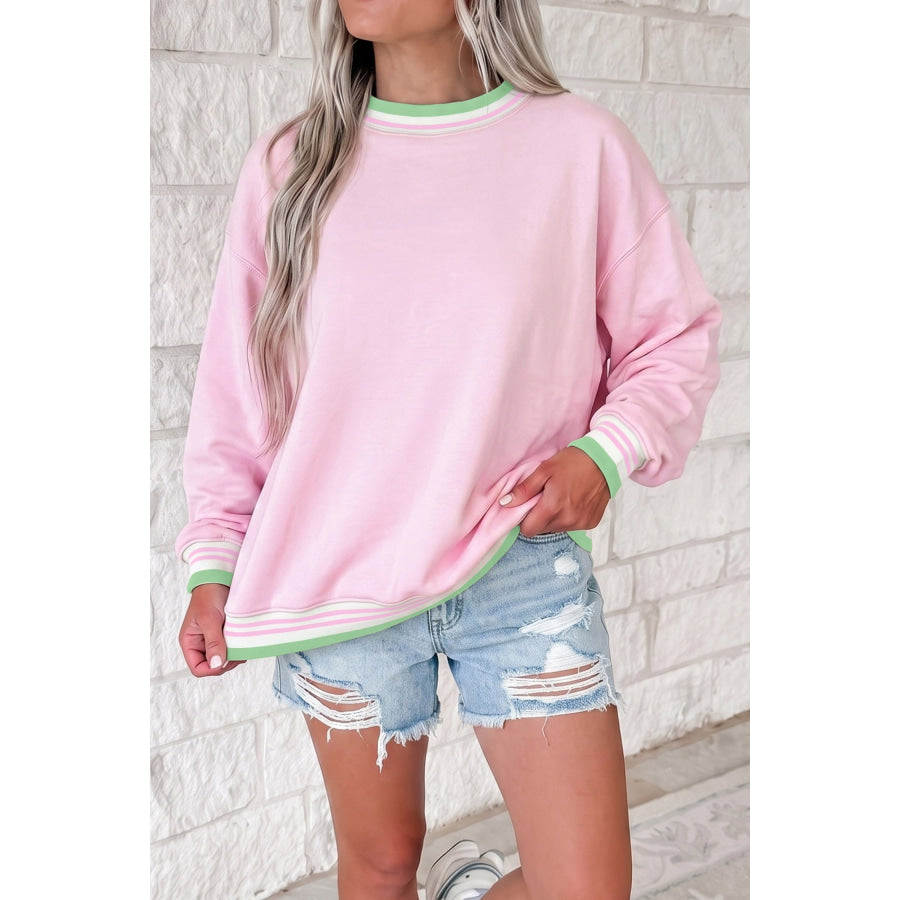 Bright Green Contrast Striped Trim Baggy Pullover Sweatshirt Light Pink / S Tops/Sweatshirts & Hoodies