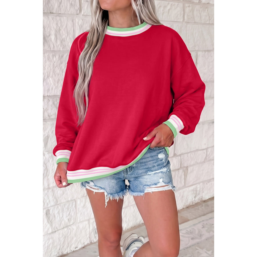 Bright Green Contrast Striped Trim Baggy Pullover Sweatshirt Racing Red / S Tops/Sweatshirts & Hoodies