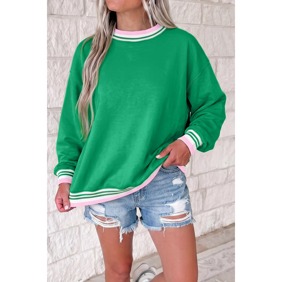 Bright Green Contrast Striped Trim Baggy Pullover Sweatshirt / S Tops/Sweatshirts & Hoodies