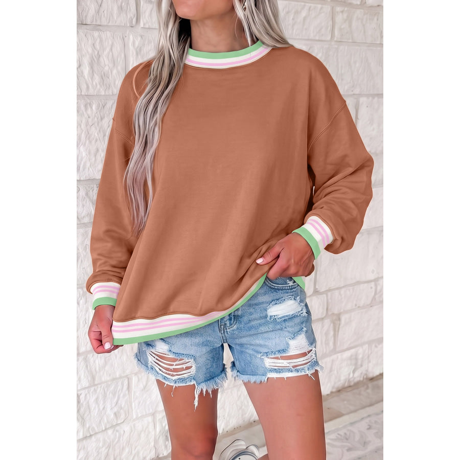 Bright Green Contrast Striped Trim Baggy Pullover Sweatshirt Straw Yellow / S Tops/Sweatshirts & Hoodies