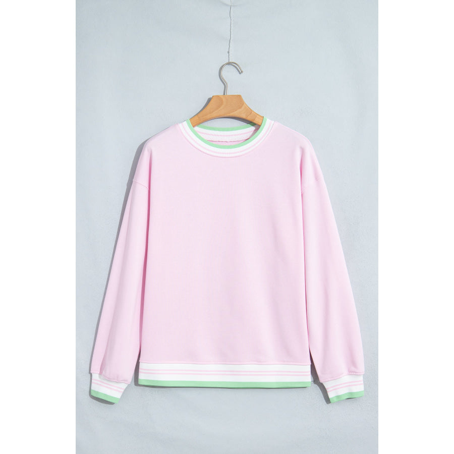Bright Green Contrast Striped Trim Baggy Pullover Sweatshirt Tops/Sweatshirts & Hoodies