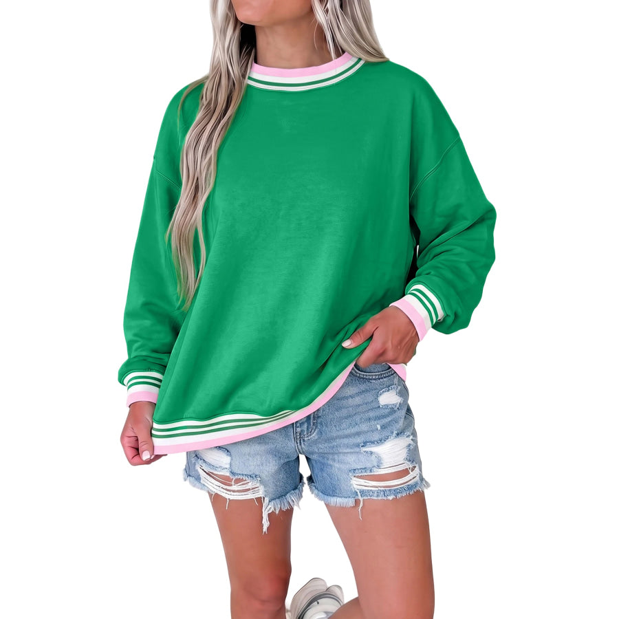Bright Green Contrast Striped Trim Baggy Pullover Sweatshirt / S Tops/Sweatshirts & Hoodies