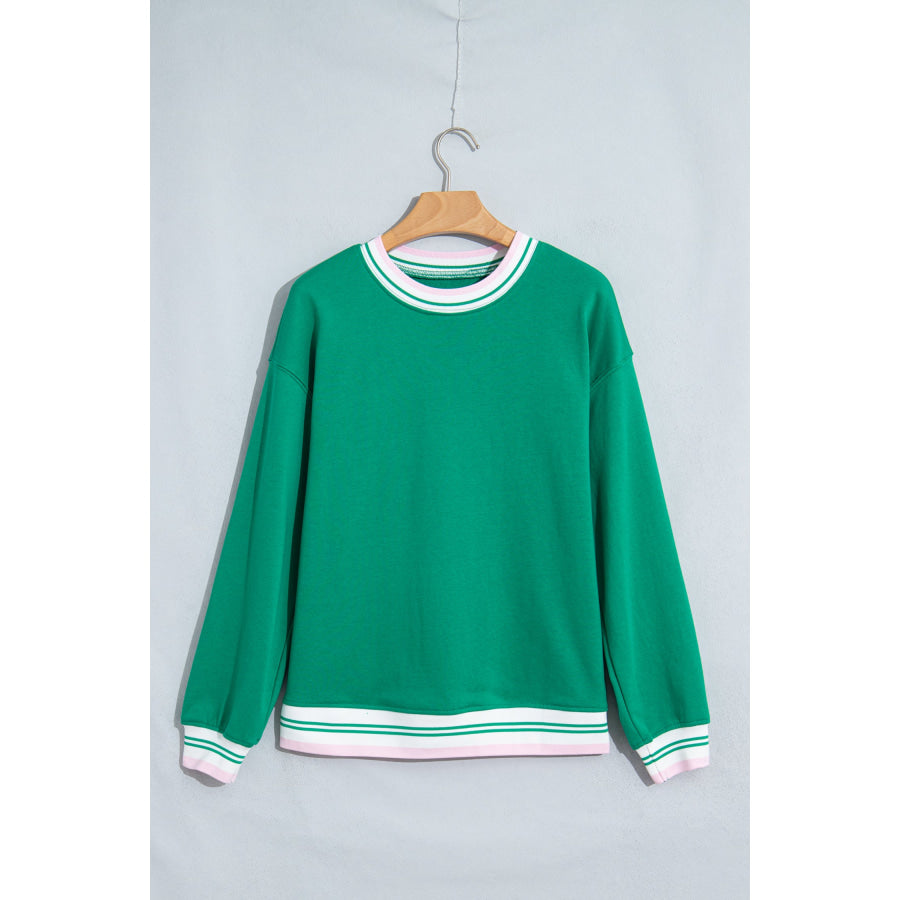 Bright Green Contrast Striped Trim Baggy Pullover Sweatshirt Tops/Sweatshirts & Hoodies
