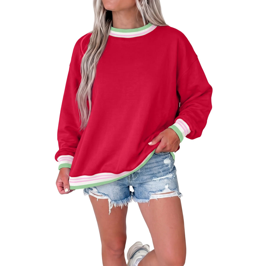 Bright Green Contrast Striped Trim Baggy Pullover Sweatshirt Tops/Sweatshirts & Hoodies