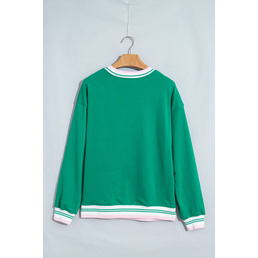 Bright Green Contrast Striped Trim Baggy Pullover Sweatshirt Tops/Sweatshirts & Hoodies