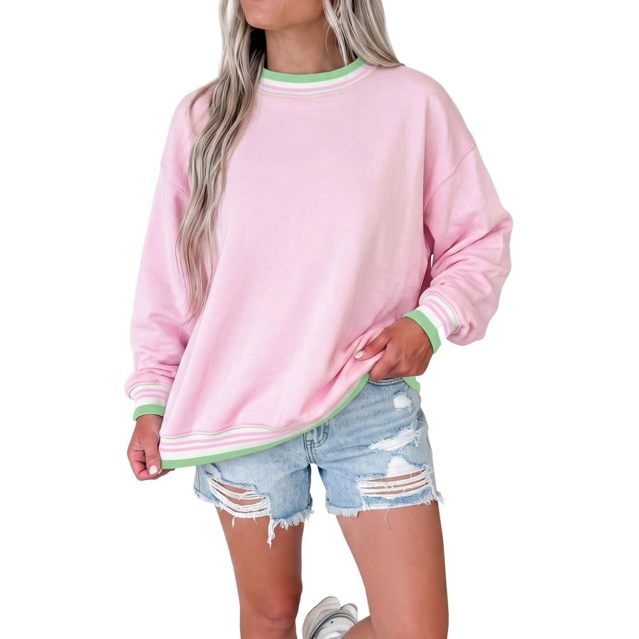 Bright Green Contrast Striped Trim Baggy Pullover Sweatshirt Tops/Sweatshirts & Hoodies