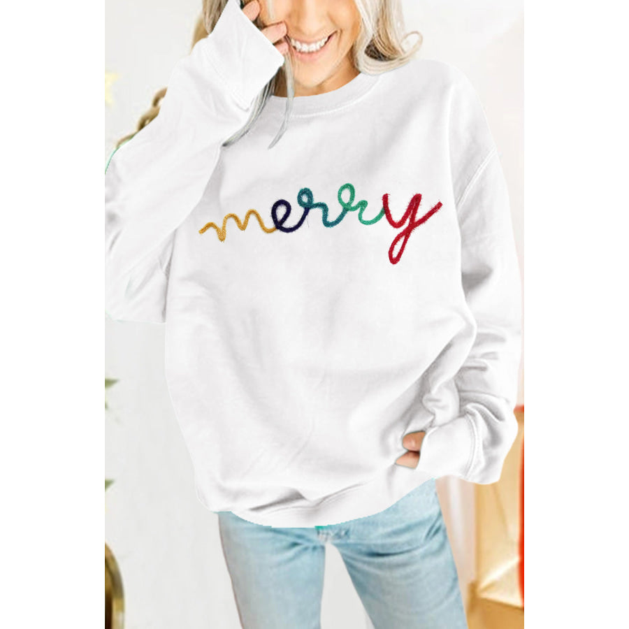 Bright Green MERRY Graphic Pullover Sweatshirt White / S / 50% Polyester + 50% Cotton Tops/Sweatshirts &amp; Hoodies