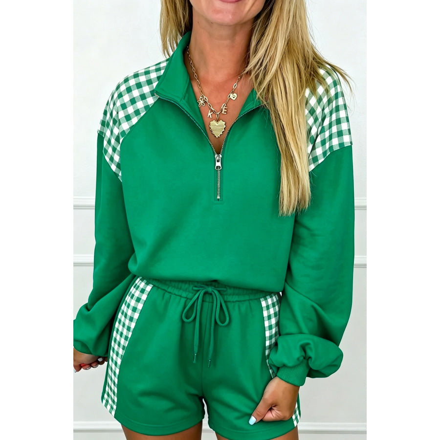 Bright Green Plaid Patchwork Half Zip Pullover Drawstring Short Set / S Two Piece Sets/Short Sets