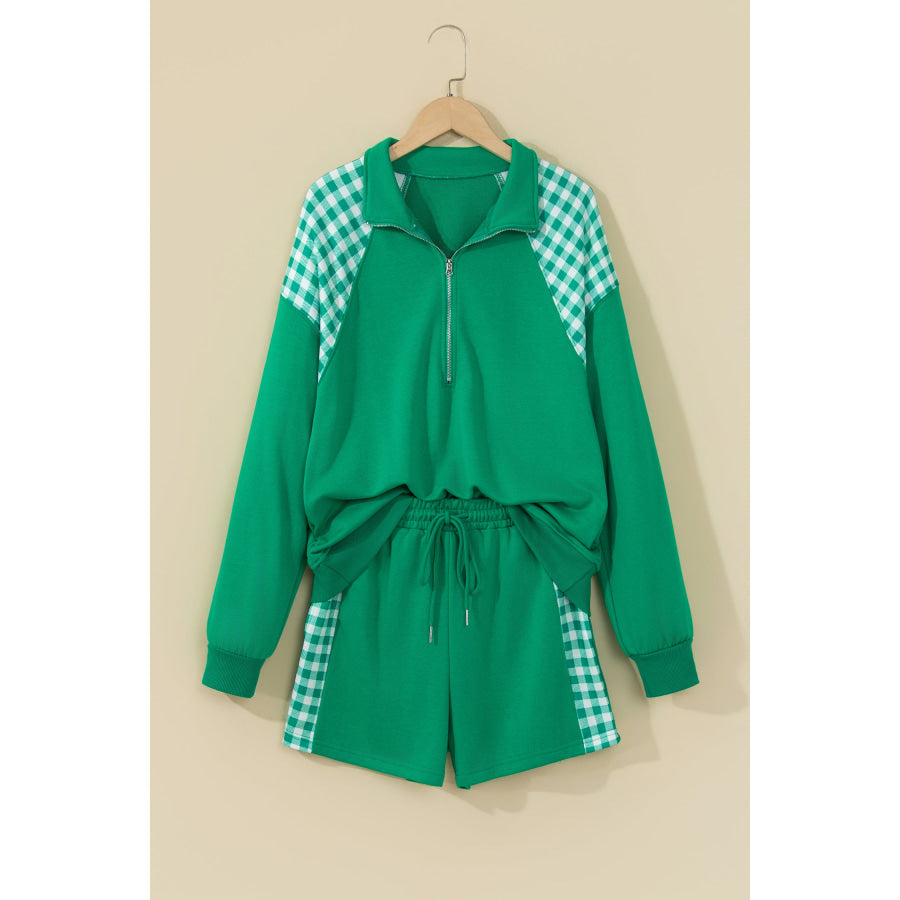 Bright Green Plaid Patchwork Half Zip Pullover Drawstring Short Set Two Piece Sets/Short Sets