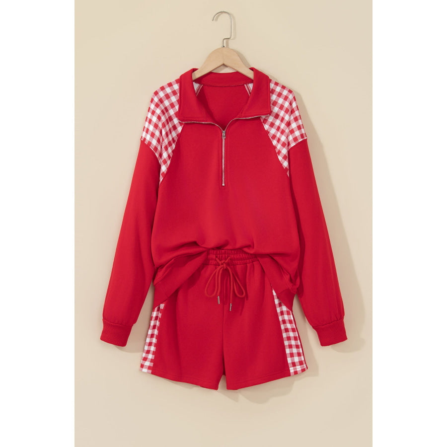 Bright Green Plaid Patchwork Half Zip Pullover Drawstring Short Set Two Piece Sets/Short Sets