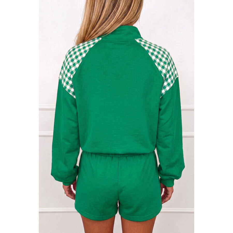 Bright Green Plaid Patchwork Half Zip Pullover Drawstring Short Set Two Piece Sets/Short Sets