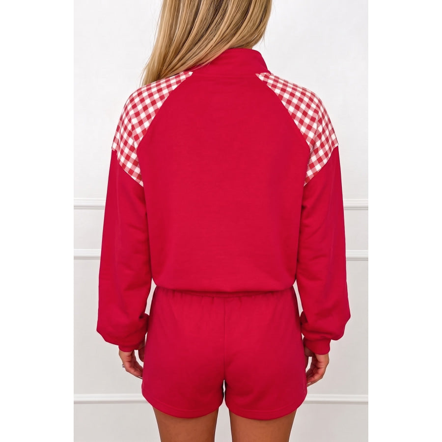 Bright Green Plaid Patchwork Half Zip Pullover Drawstring Short Set Two Piece Sets/Short Sets