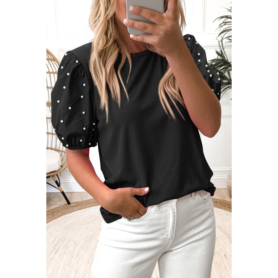Bright Green Ribbed Pearl Beaded Puff Sleeve Top Black / S / 93% Viscose + 7% Elastane Tops/Tops & Tees