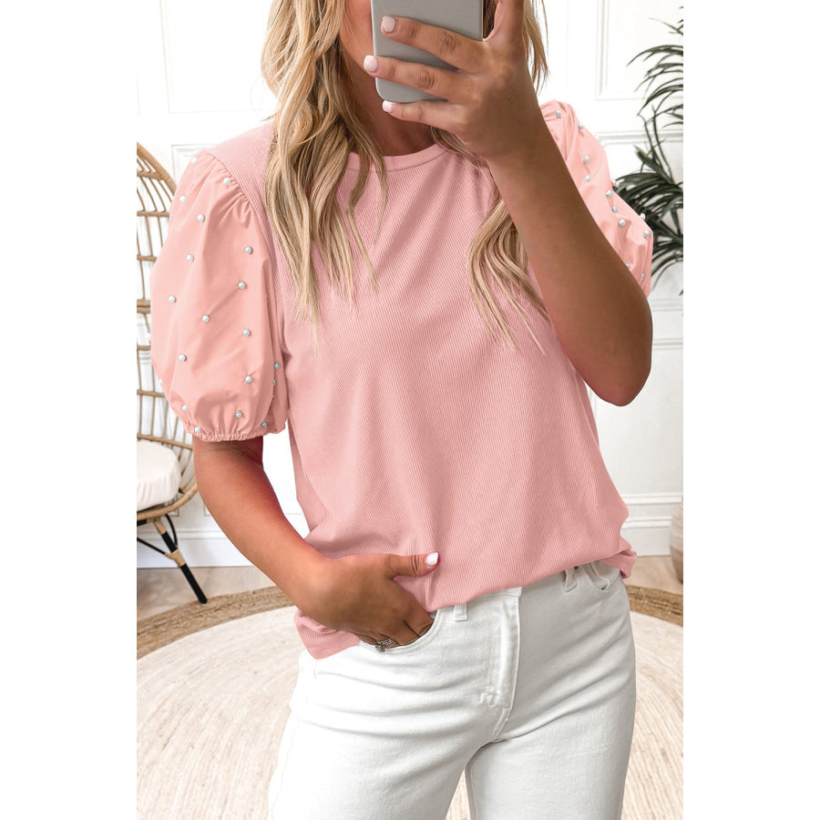 Bright Green Ribbed Pearl Beaded Puff Sleeve Top Light Pink / S / 93% Viscose + 7% Elastane Tops/Tops & Tees