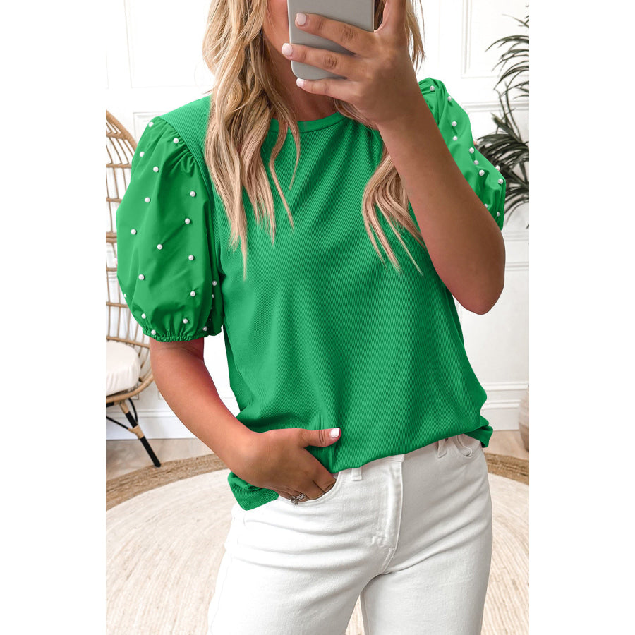 Bright Green Ribbed Pearl Beaded Puff Sleeve Top Bright Green / S / 93% Viscose + 7% Elastane Tops/Tops & Tees