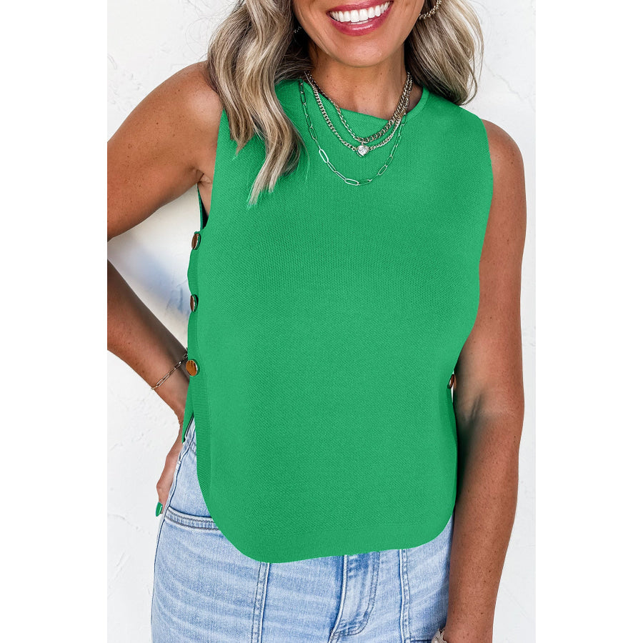 Bright Green Side Button Round Neck Knit Sleeveless Sweater Bright Green / S / 100% Viscose Sweaters & Cardigans/Sweater Vests