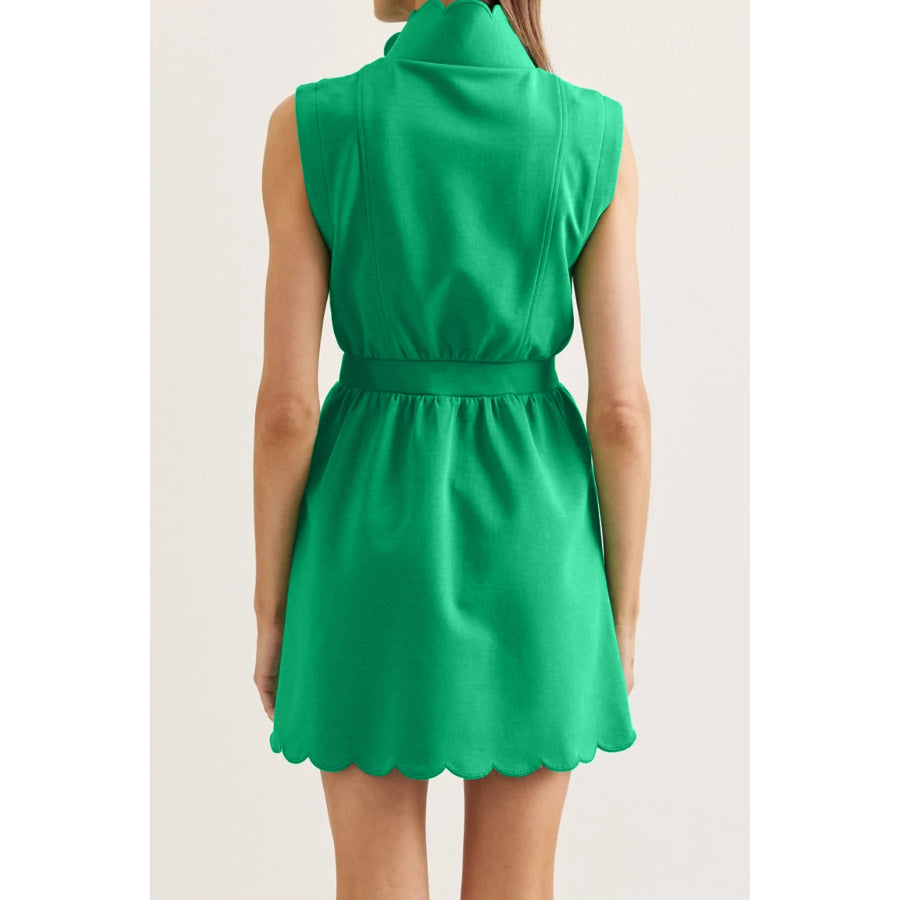 Bright Green Sleeveless Zip Front Scallop Hem Mini Dress Dresses/Mini Dresses