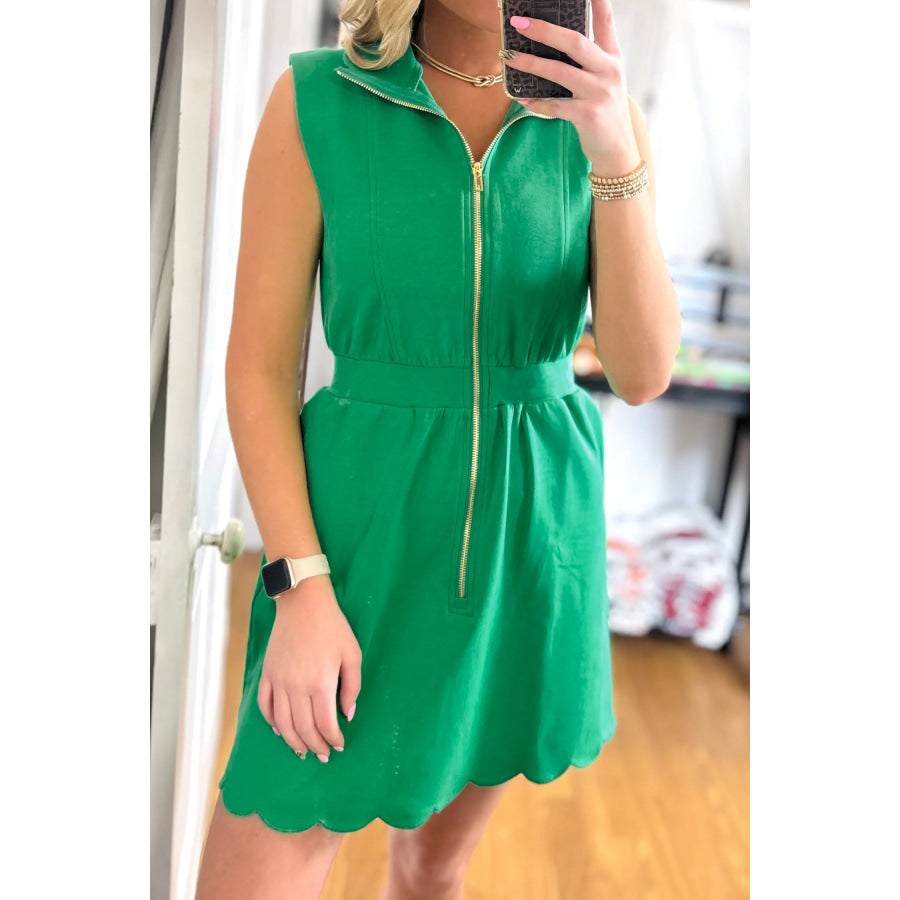 Bright Green Sleeveless Zip Front Scallop Hem Mini Dress Bright Green / S Dresses/Mini Dresses
