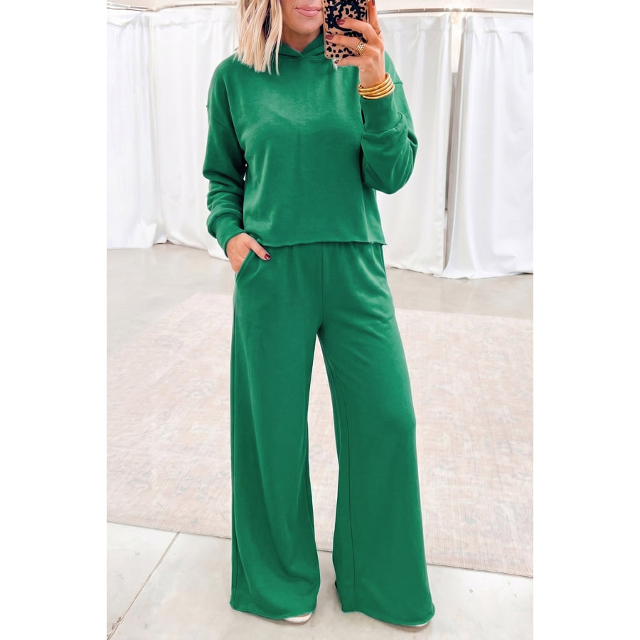 Bright Green Solid Color Hooded Long Sleeve Elastic Waist Pocket Pant Set / S / 80% Cotton + 20% Polyester Two Piece Sets/Pant Sets
