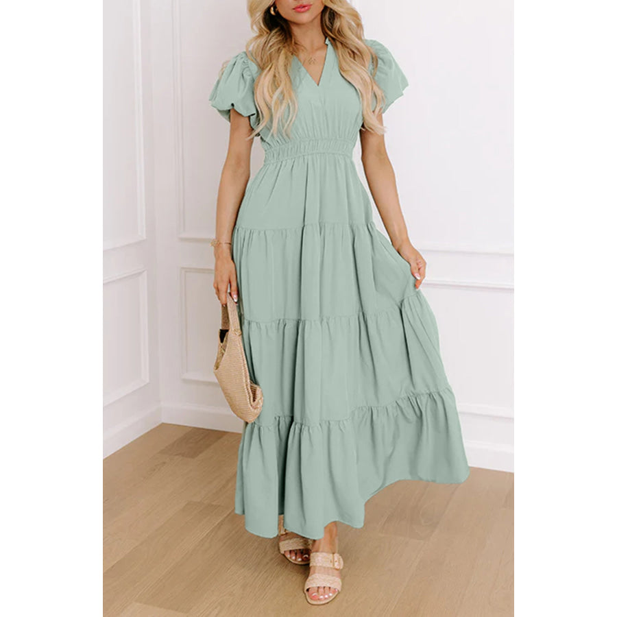 Bright Green Solid Color V Neck Short Puff Sleeve High Waist Tiered Maxi Dress Clearly Aqua / S / 100% Polyester Dresses/Maxi Dresses