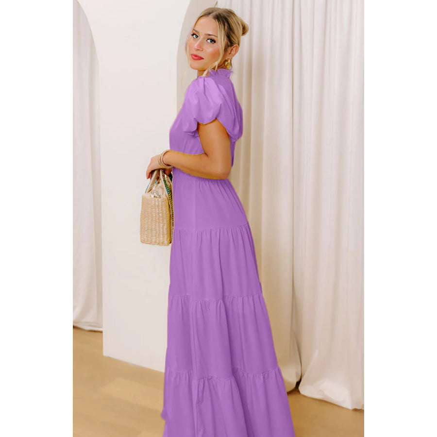 Bright Green Solid Color V Neck Short Puff Sleeve High Waist Tiered Maxi Dress Dresses/Maxi Dresses