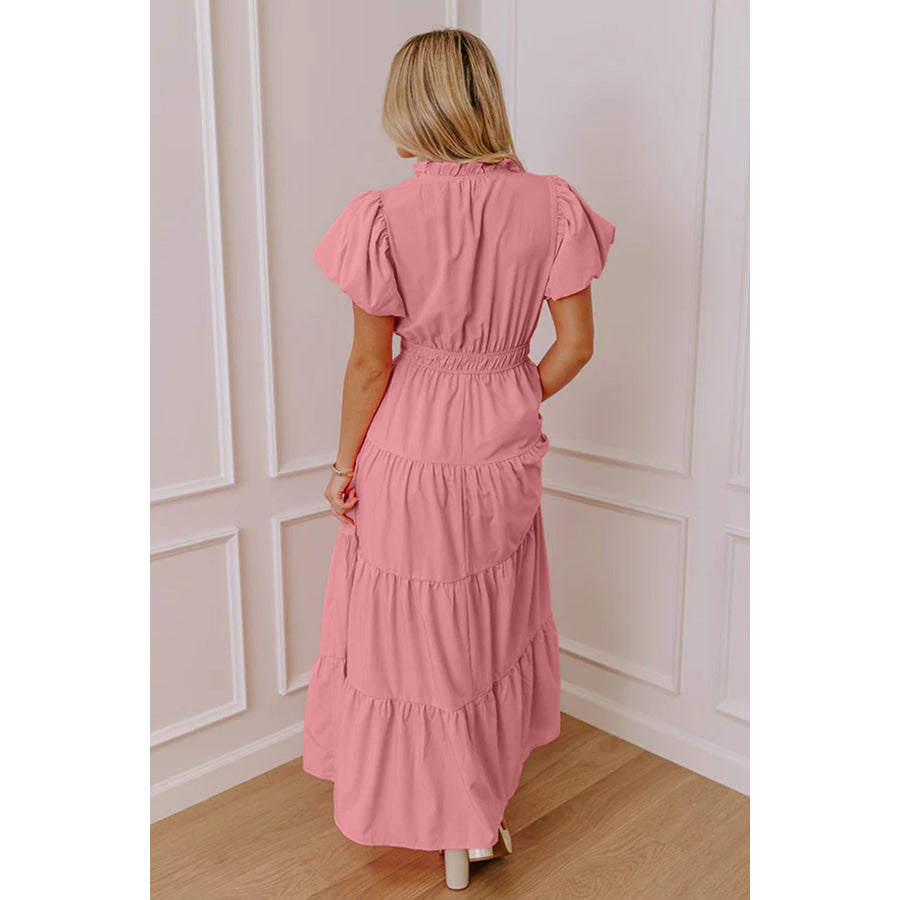 Bright Green Solid Color V Neck Short Puff Sleeve High Waist Tiered Maxi Dress Dresses/Maxi Dresses