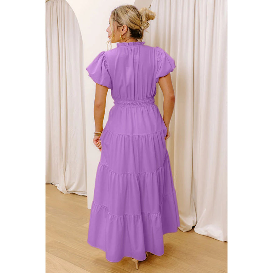 Bright Green Solid Color V Neck Short Puff Sleeve High Waist Tiered Maxi Dress Dresses/Maxi Dresses