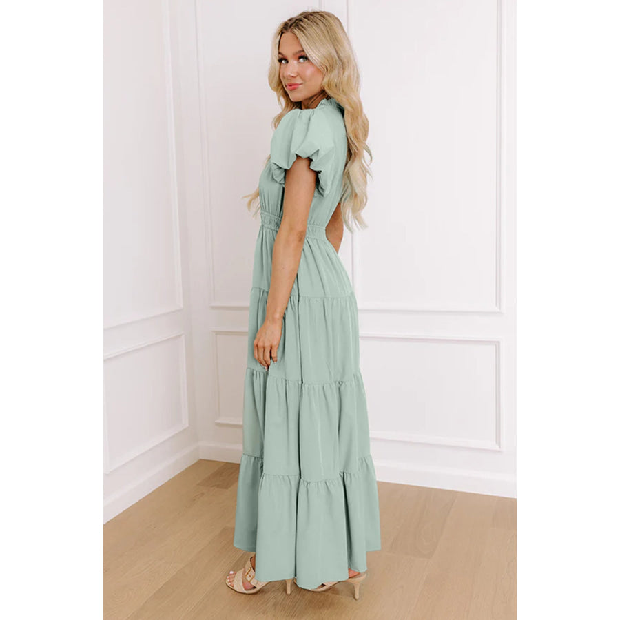 Bright Green Solid Color V Neck Short Puff Sleeve High Waist Tiered Maxi Dress Dresses/Maxi Dresses
