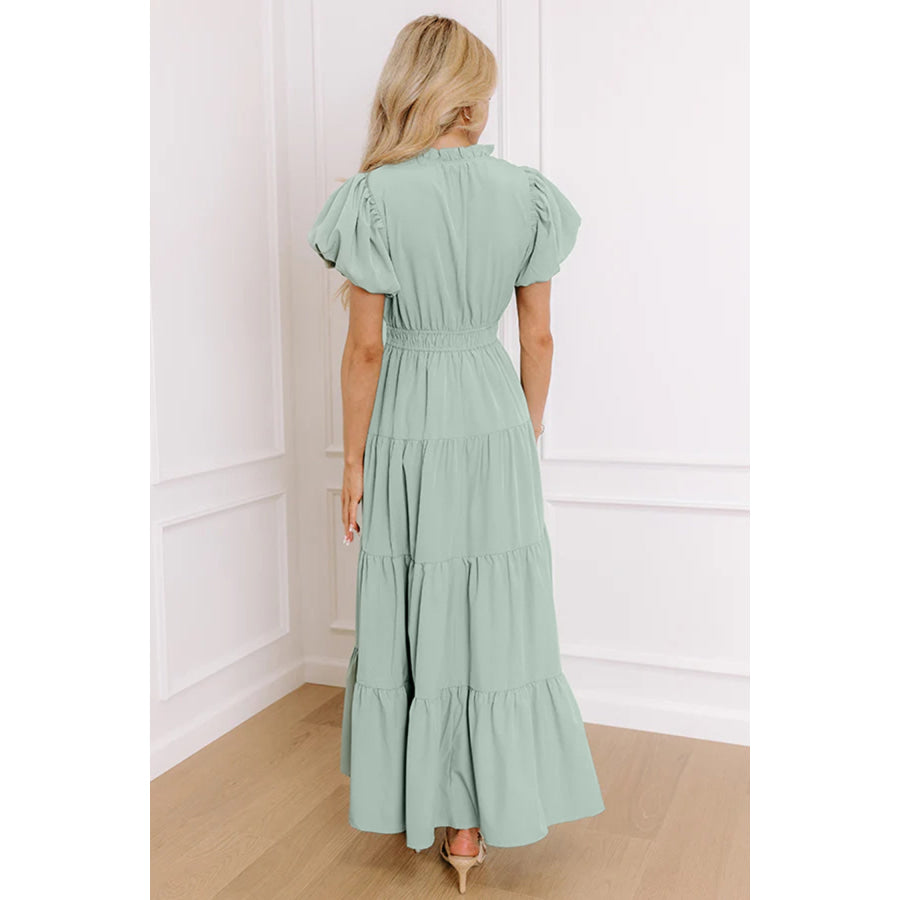 Bright Green Solid Color V Neck Short Puff Sleeve High Waist Tiered Maxi Dress Dresses/Maxi Dresses