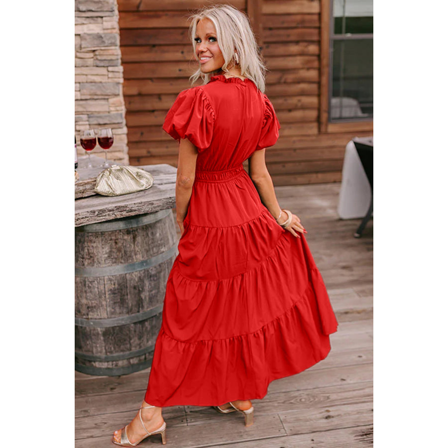 Bright Green Solid Color V Neck Short Puff Sleeve High Waist Tiered Maxi Dress Dresses/Maxi Dresses