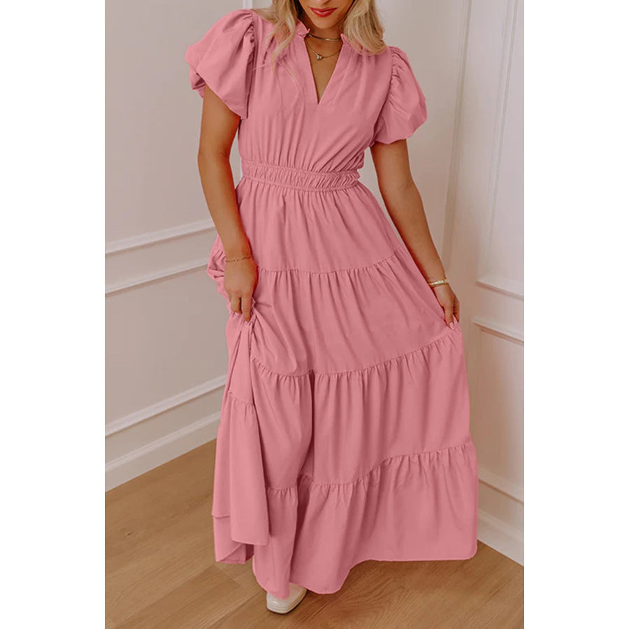 Bright Green Solid Color V Neck Short Puff Sleeve High Waist Tiered Maxi Dress Gossamer Pink / S / 100% Polyester Dresses/Maxi Dresses