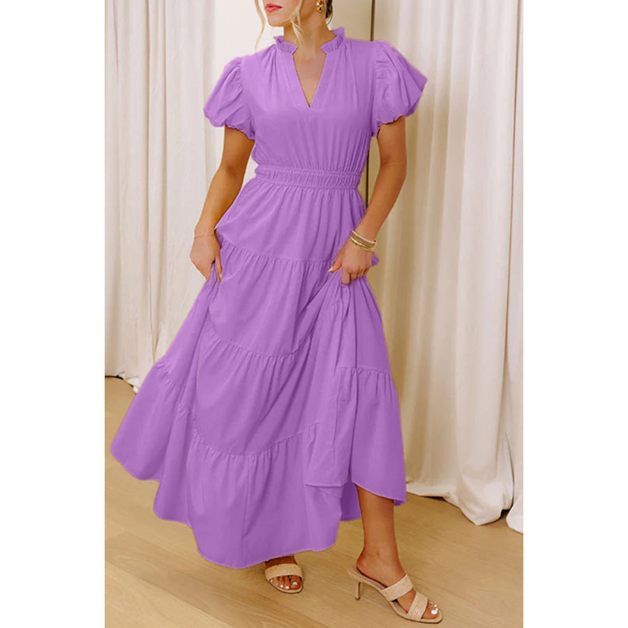 Bright Green Solid Color V Neck Short Puff Sleeve High Waist Tiered Maxi Dress Lavendula / S / 100% Polyester Dresses/Maxi Dresses