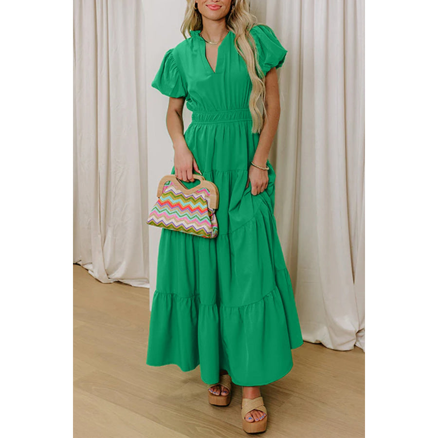 Bright Green Solid Color V Neck Short Puff Sleeve High Waist Tiered Maxi Dress Bright Green / S / 100% Polyester Dresses/Maxi Dresses