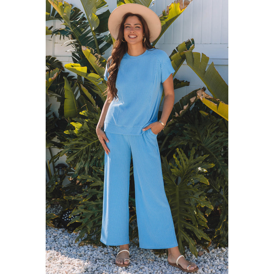 Bright Green Solid Corded Knit Short Sleeve T Shirt and Wide Leg Pants Set Blue / S / 75% Polyester + 20% Viscose + 5% Elastane Two Piece