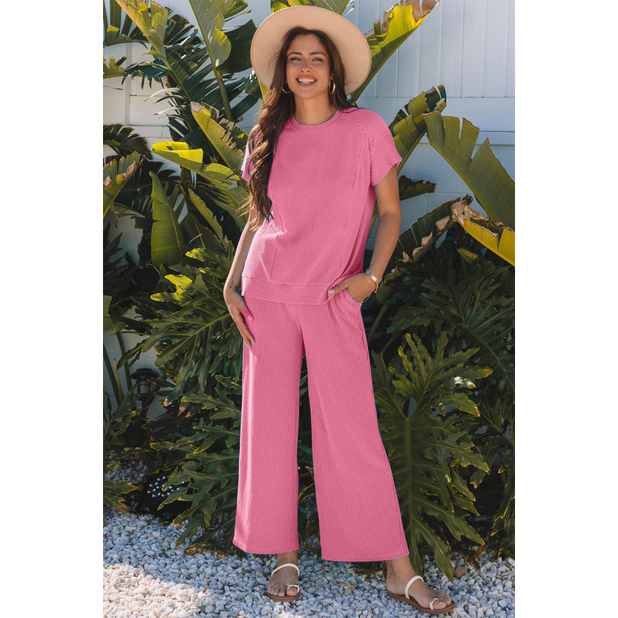 Bright Green Solid Corded Knit Short Sleeve T Shirt and Wide Leg Pants Set Bright Pink / S / 75% Polyester + 20% Viscose + 5% Elastane Two