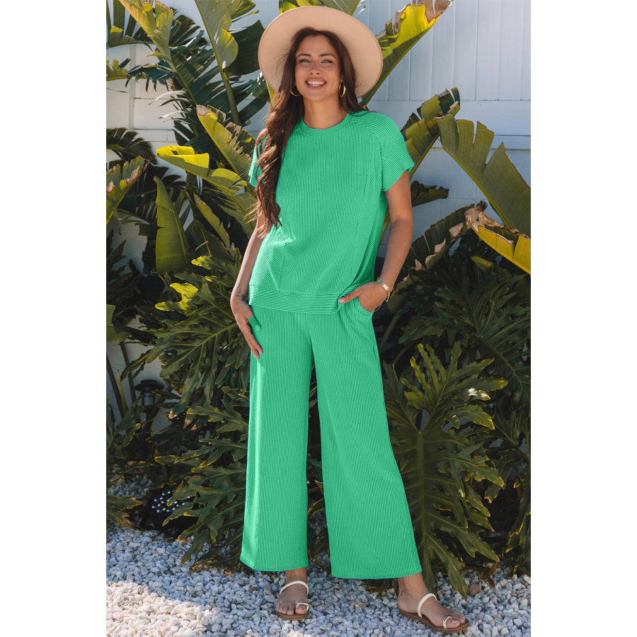 Bright Green Solid Corded Knit Short Sleeve T Shirt and Wide Leg Pants Set Bright Green / S / 75% Polyester + 20% Viscose + 5% Elastane Two