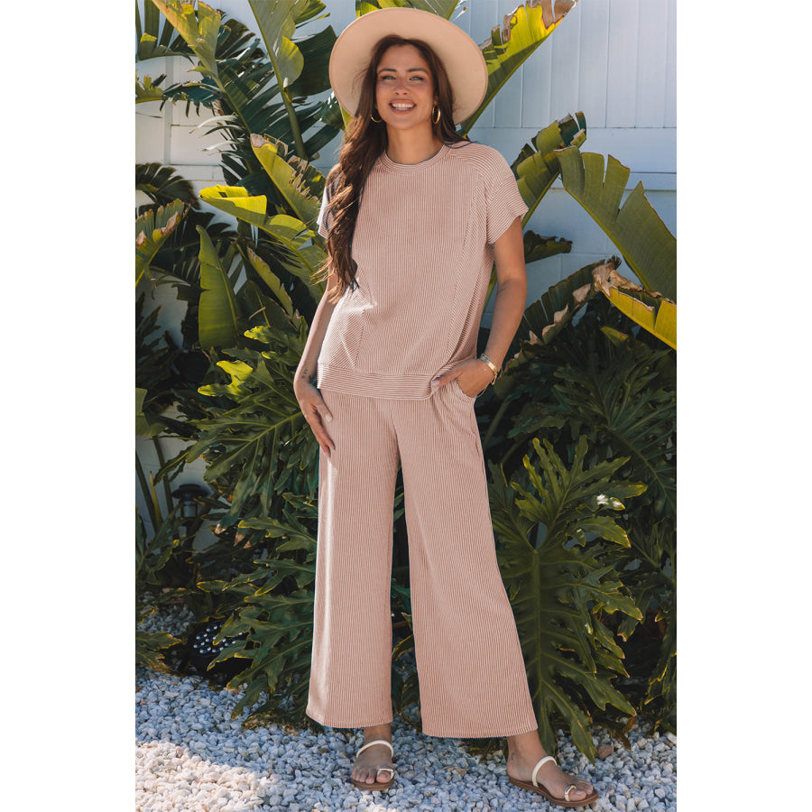 Bright Green Solid Corded Knit Short Sleeve T Shirt and Wide Leg Pants Set Smoke Gray / S / 75% Polyester + 20% Viscose + 5% Elastane Two