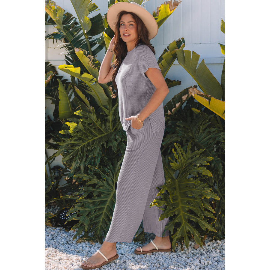 Bright Green Solid Corded Knit Short Sleeve T Shirt and Wide Leg Pants Set Two Piece Sets/Pant Sets