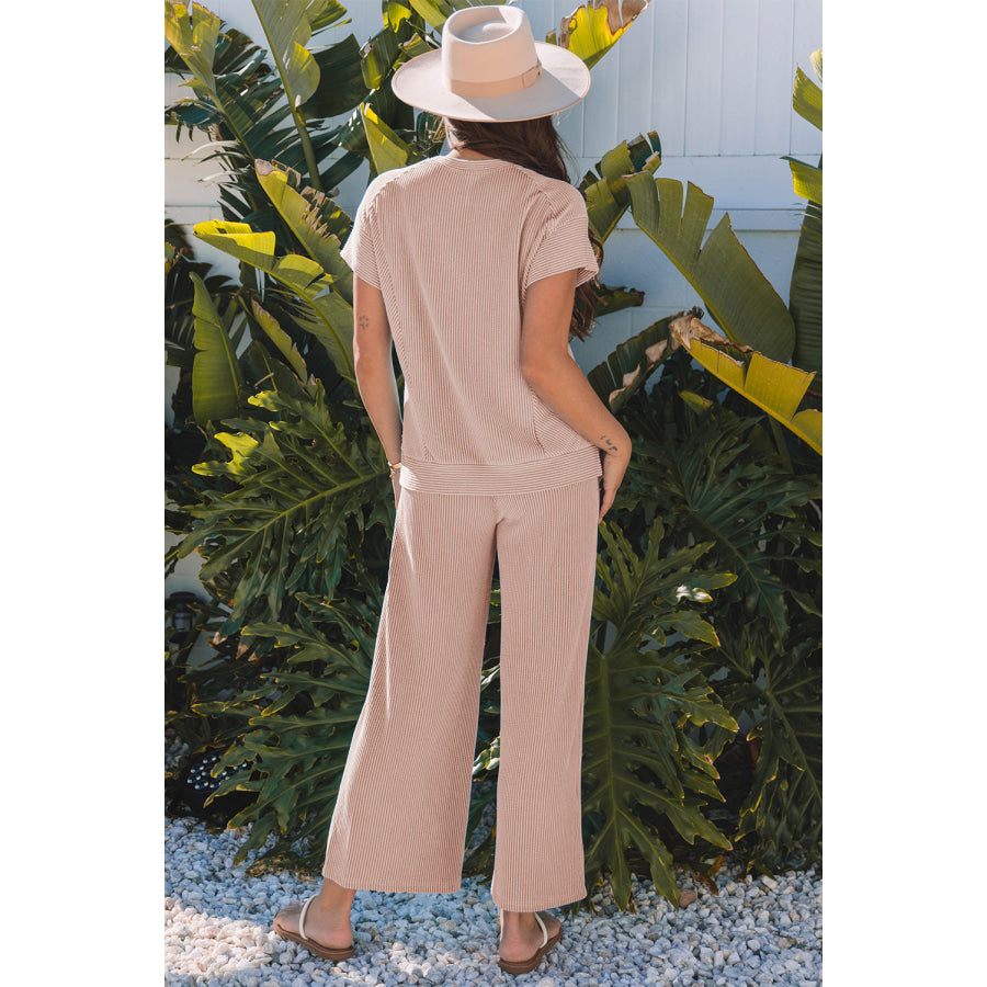 Bright Green Solid Corded Knit Short Sleeve T Shirt and Wide Leg Pants Set Two Piece Sets/Pant Sets