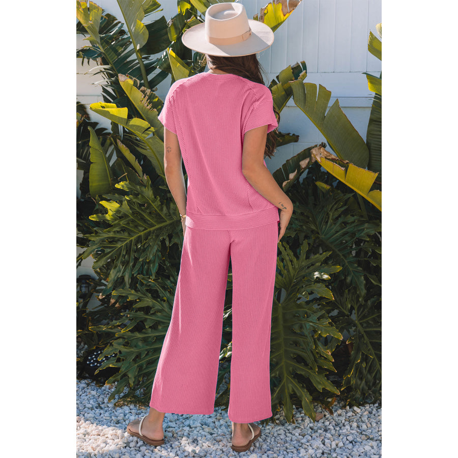 Bright Green Solid Corded Knit Short Sleeve T Shirt and Wide Leg Pants Set Two Piece Sets/Pant Sets