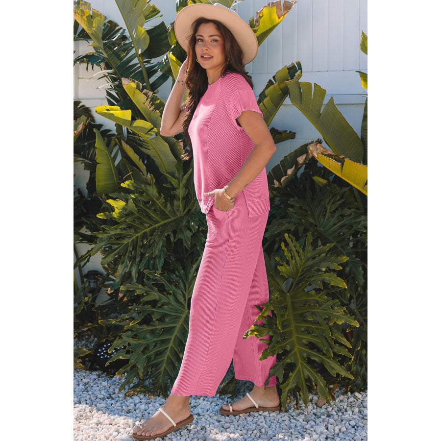 Bright Green Solid Corded Knit Short Sleeve T Shirt and Wide Leg Pants Set Two Piece Sets/Pant Sets