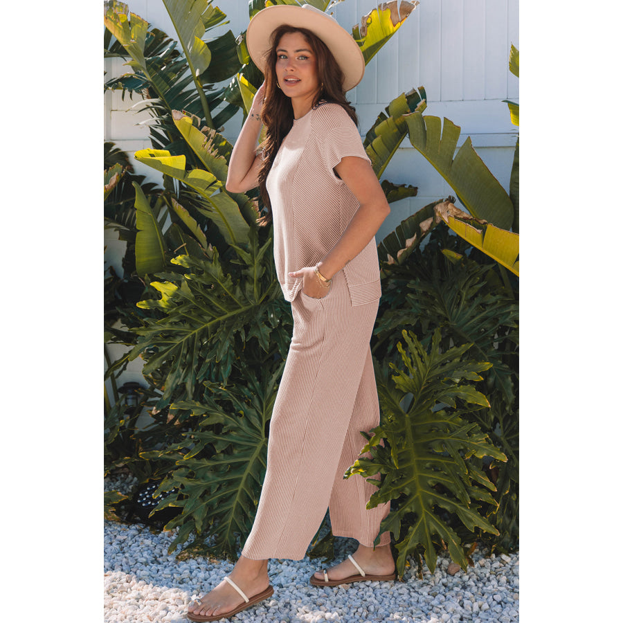 Bright Green Solid Corded Knit Short Sleeve T Shirt and Wide Leg Pants Set Two Piece Sets/Pant Sets