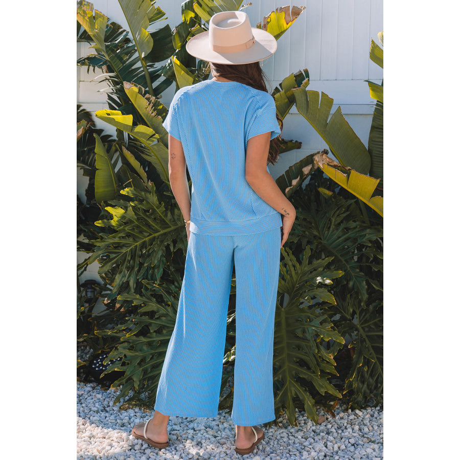 Bright Green Solid Corded Knit Short Sleeve T Shirt and Wide Leg Pants Set Two Piece Sets/Pant Sets