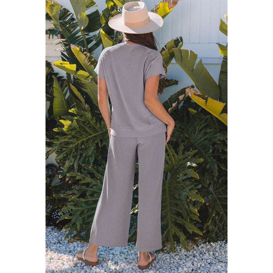 Bright Green Solid Corded Knit Short Sleeve T Shirt and Wide Leg Pants Set Two Piece Sets/Pant Sets