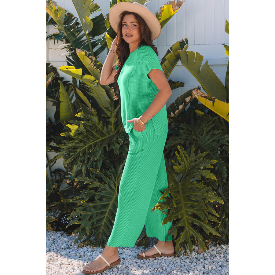 Bright Green Solid Corded Knit Short Sleeve T Shirt and Wide Leg Pants Set Two Piece Sets/Pant Sets
