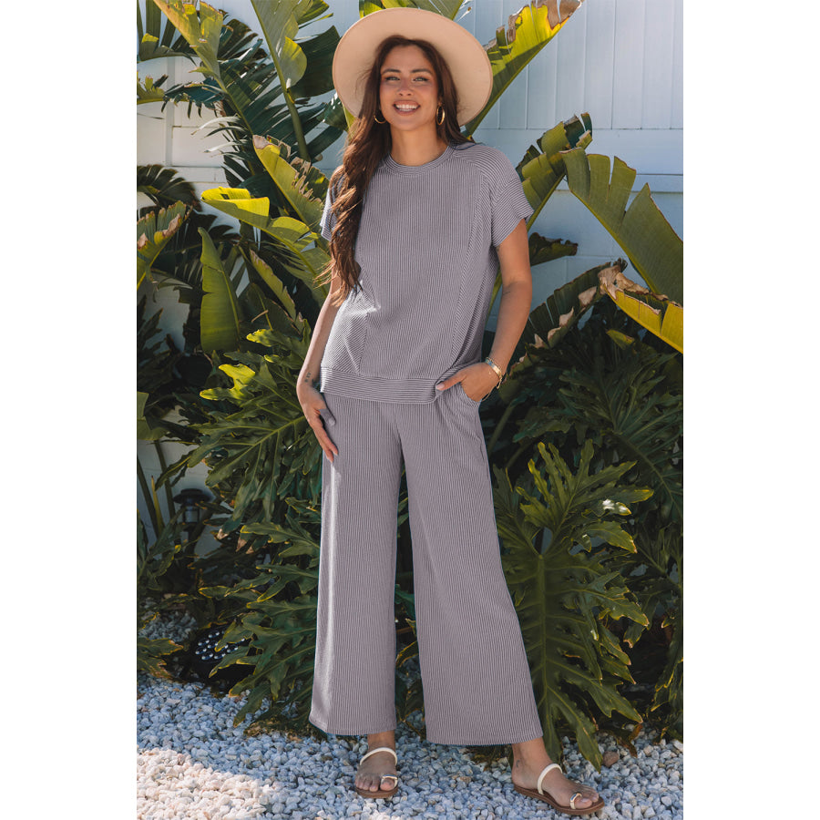 Bright Green Solid Corded Knit Short Sleeve T Shirt and Wide Leg Pants Set Wild Wind / S / 75% Polyester + 20% Viscose + 5% Elastane Two
