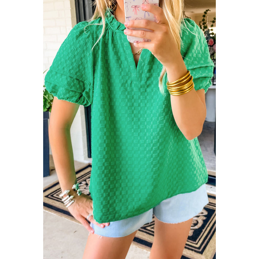 Bright Green Textured Puff Short Sleeve Notched V Neck Top Bright Green / S / 95% Polyester + 5% Elastane Tops/Blouses & Shirts