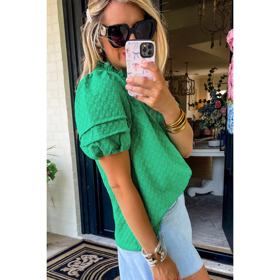 Bright Green Textured Puff Short Sleeve Notched V Neck Top Tops/Blouses & Shirts