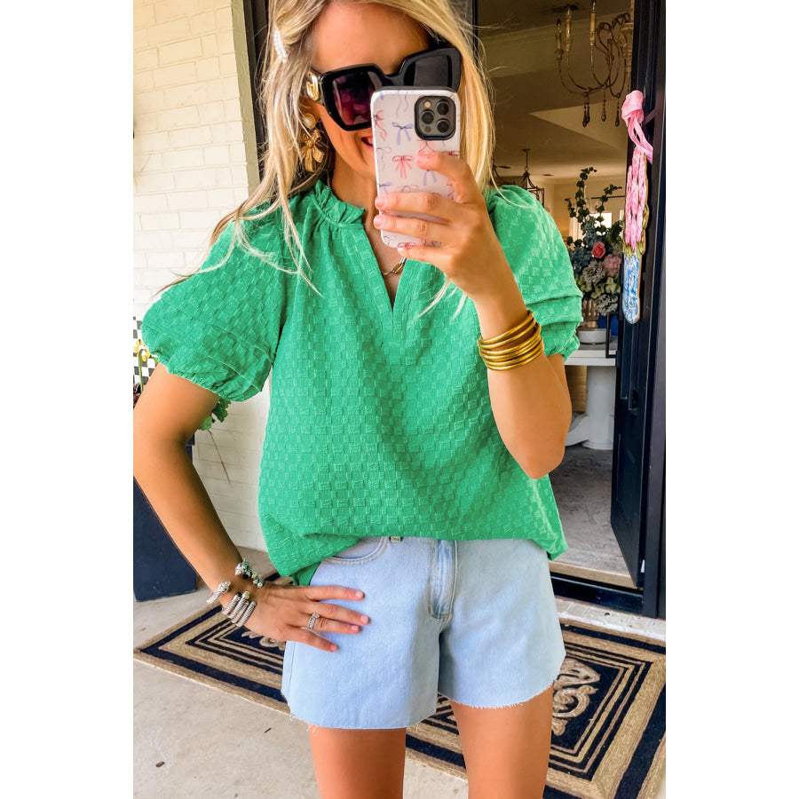 Bright Green Textured Puff Short Sleeve Notched V Neck Top Tops/Blouses & Shirts